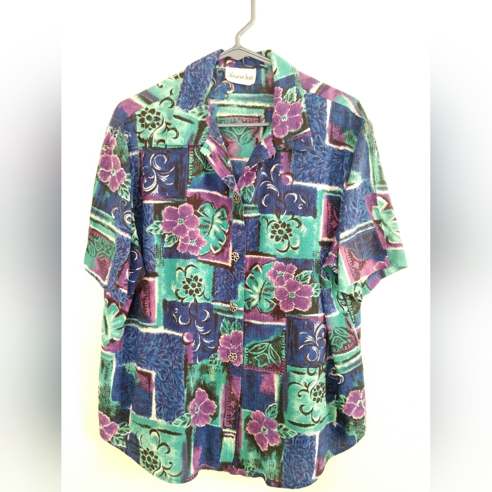 Jessica Scott Short Sleeve Floral Camp Shirt Cottagecore Cottage Mom  Size Large